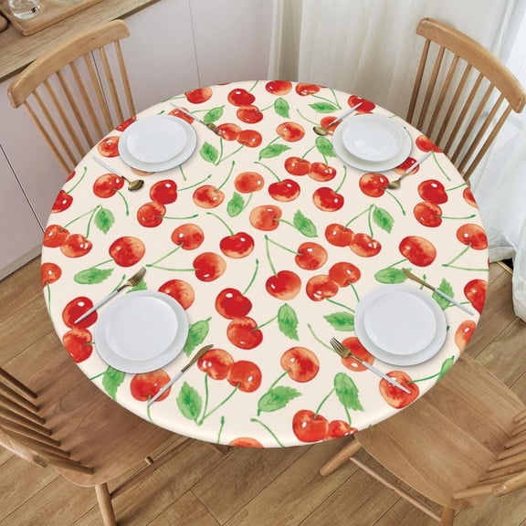 Juicy Pattern with Cherries Round Fitted Tablecloth with Elastic Edge Waterproof Oil Proof Table Cloth Wipe Clean Table Cover Fits 45"-52", Medium