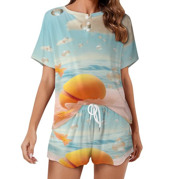 Juicy Peach Pajama Set for Women 2 Piece Sleepwear Loungewear Short Sleeve