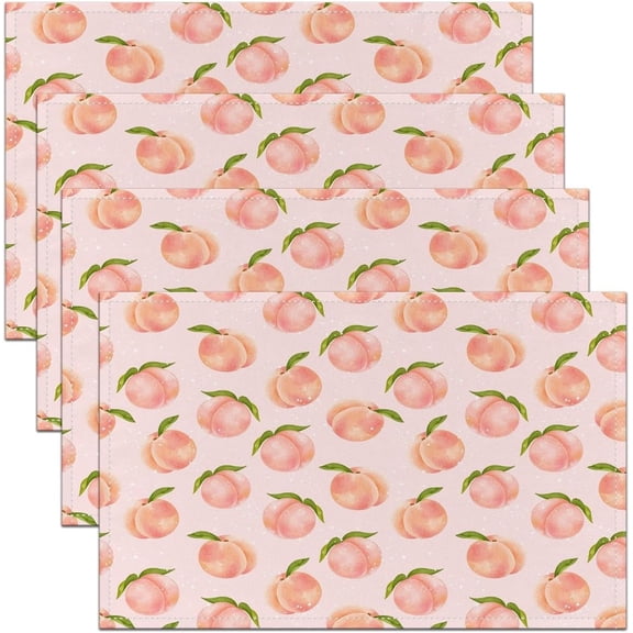 Juicy Peach Print Table Place Mats, Set 18"x12" Cute Summer Fruit Placemats Set of 4 for Decor Pink Peach Placemat for Kitchen Dining Table Decor Indoor Outdoor Leaves