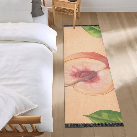 Juicy Peaches Leaves Cartoon Bedside Runner Rug 2'x 6' Non Slip Carpet Floor Mat Area Rug