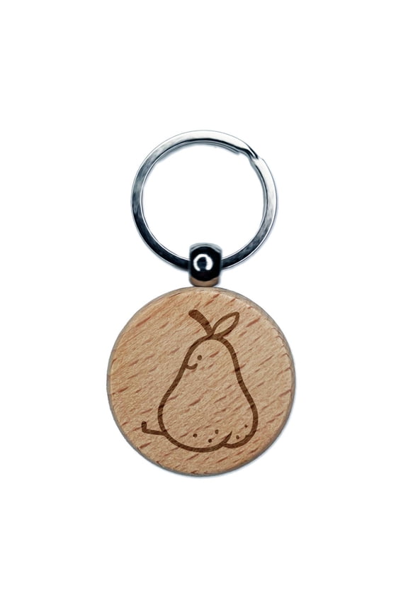 Juicy Pear Butt Cute Fruit Engraved Wood Round Keychain Tag Charm