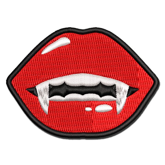 Juicy Red Vampire Lips Teeth Fangs Applique Multi-Color Embroidered Hook & Loop Patch - 3 Inch Medium