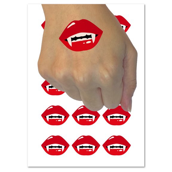 Juicy Red Vampire Lips Teeth Fangs Water Resistant Temporary Tattoo Set Fake Body Art Collection - 54 1" Tattoos (1 Sheet)