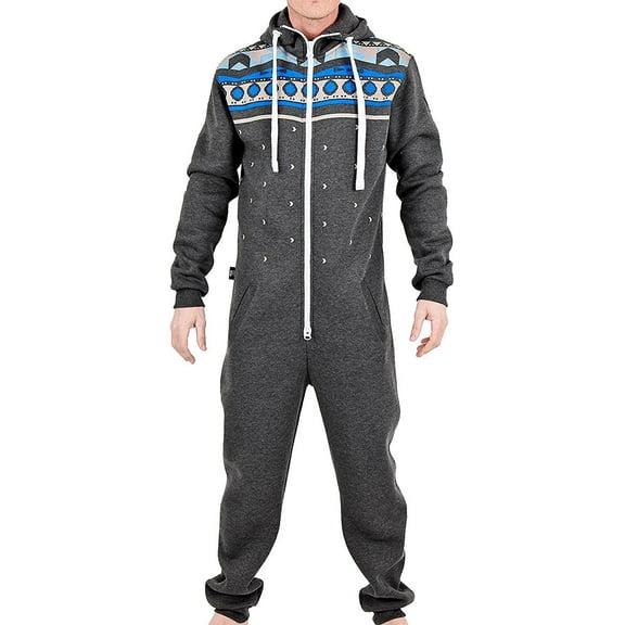 Juicy Trendz Man Hooded Fleece Onesie Pajamas – Aztec Print, Zip-Up, Unisex Non-Footed Sleepwear Jumpsuit for Adults