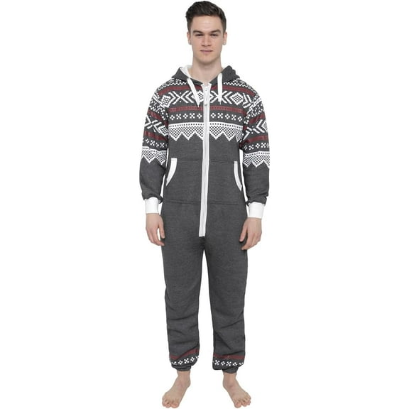 Juicy Trendz Man Hooded Fleece Onesie Pajamas – Aztec Print, Zip-Up, Unisex Non-Footed Sleepwear Jumpsuit for Adults