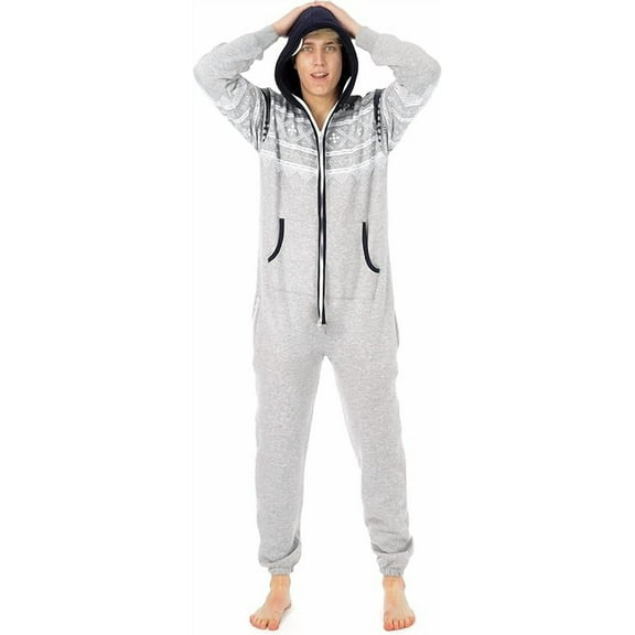 Juicy Trendz Man Hooded Fleece Onesie Pajamas – Aztec Print, Zip-Up, Unisex Non-Footed Sleepwear Jumpsuit for Adults