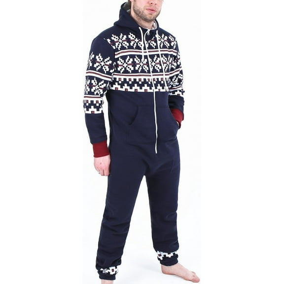 Juicy Trendz Man Hooded Fleece Onesie Pajamas – Aztec Print, Zip-Up, Unisex Non-Footed Sleepwear Jumpsuit for Adults