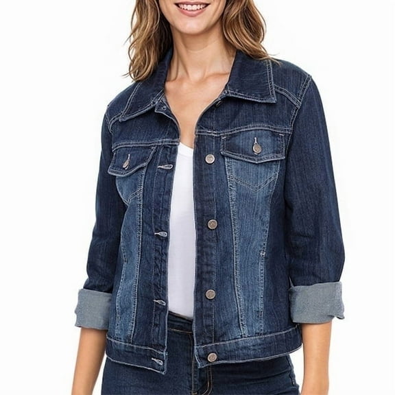 JuicyTrendz Women’s Classic Denim Jacket Dark Blue M – Button-Down, Long Sleeve, Stylish Outerwear Stretch Jean Jacket
