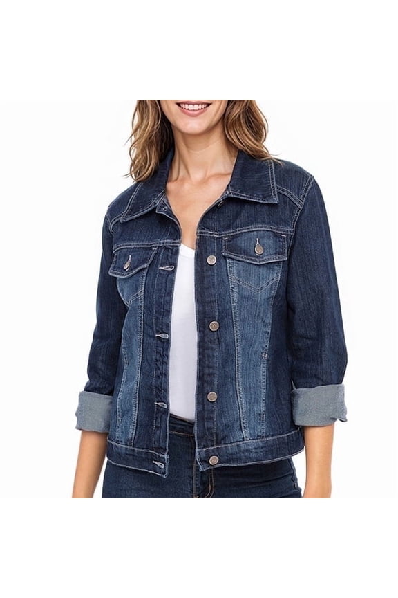 Women’s Classic Denim Jacket Dark Blue M – Button-Down, Long Sleeve, Stylish Outerwear Stretch Jean Jacket