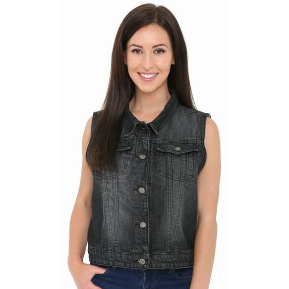 Juicy Trendz Women’s Denim Vests Button Down Sleeveless Outerwear Casual Jean Jacket with Chest Flap Pockets Black