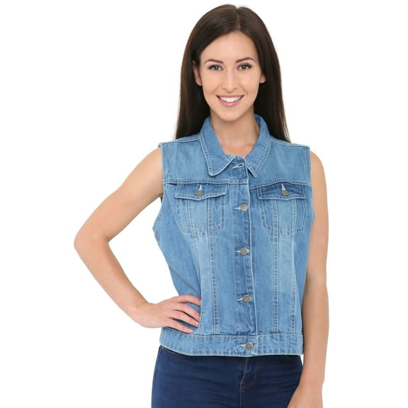 Juicy Trendz Women’s Denim Vests Button Down Sleeveless Outerwear Casual Jean Jacket with Chest Flap Pockets Sky-Blue