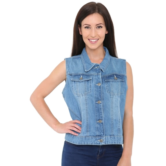Juicy Trendz Women’s Denim Vests Button Down Sleeveless Outerwear Casual Jean Jacket with Chest Flap Pockets Sky-Blue