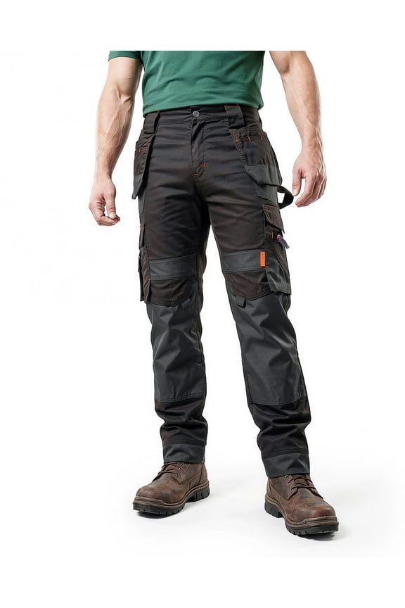 Men's Heavy Duty Cargo Work Pants with Reinforced Knees, Stretch Fabric, 8 Pockets Utility Trousers for Construction Black 32W x 30L