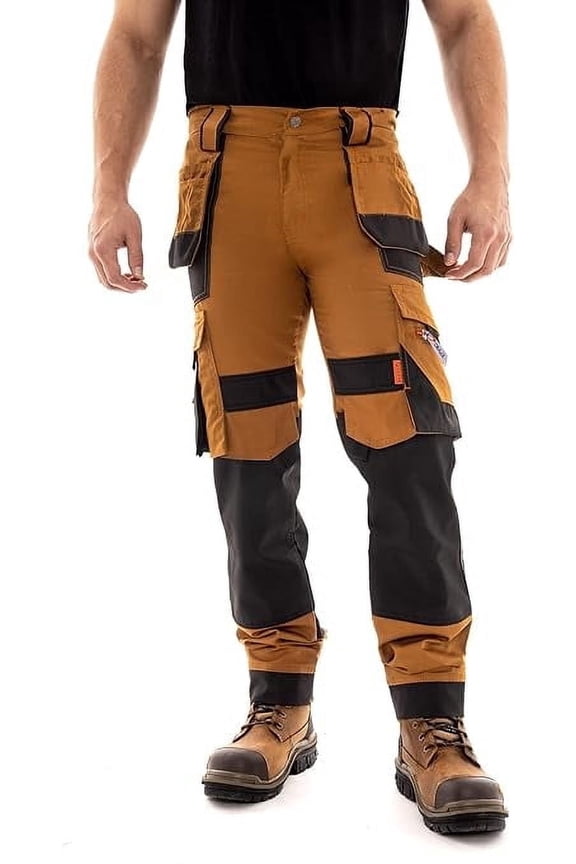 Men's Heavy Duty Cargo Work Pants with Reinforced Knees, Stretch Fabric, 8 Pockets Utility Trousers for Construction Khaki 32W x 32L