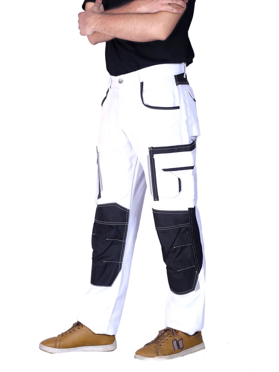 Men's Heavy Duty Painter Pants – Utility Cordura Knee Workwear Trousers for Construction with Multiple Pockets White ST#5 W32 x 32L