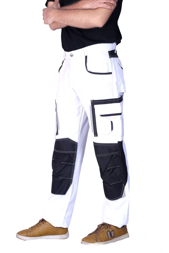 Men's Heavy Duty Painter Pants – Utility Cordura Knee Workwear Trousers for Construction with Multiple Pockets White ST#5 W32 x 34L
