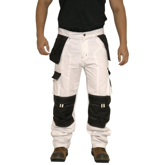 JuicyTrendz Men's Heavy Duty Painter Pants – Utility Cordura Knee Workwear Trousers for Construction with Multiple Pockets White W40 x 34L