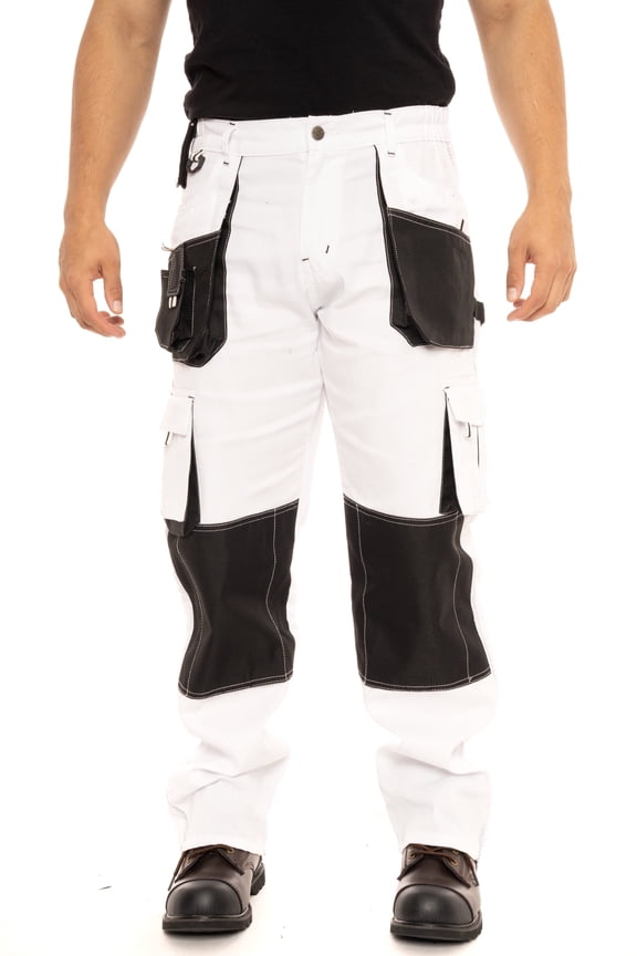 Men's Heavy Duty Painter Pants – Utility Painting Workwear Trousers for Construction with Multiple Pockets White W30 x 32L
