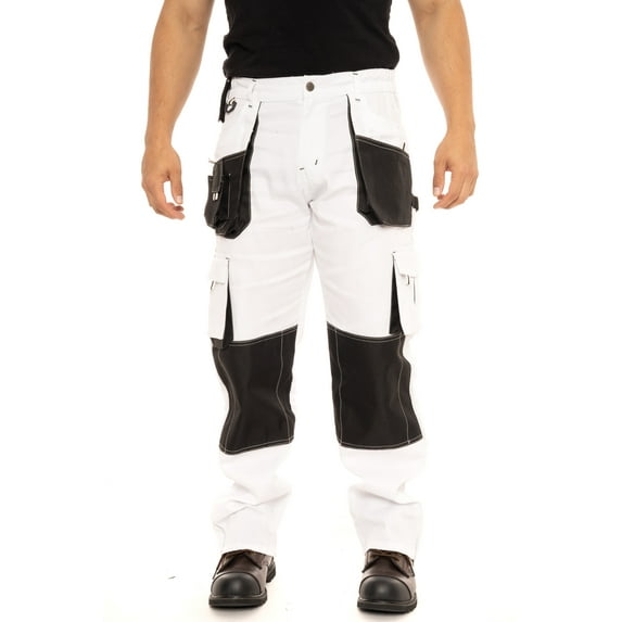 JuicyTrendz Men's Heavy Duty Painter Pants – Utility Painting Workwear Trousers for Construction with Multiple Pockets White W32 x 30L
