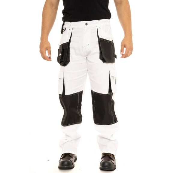 JuicyTrendz Men's Heavy Duty Painter Pants – Utility Painting Workwear Trousers for Construction with Multiple Pockets White W36 x 30L