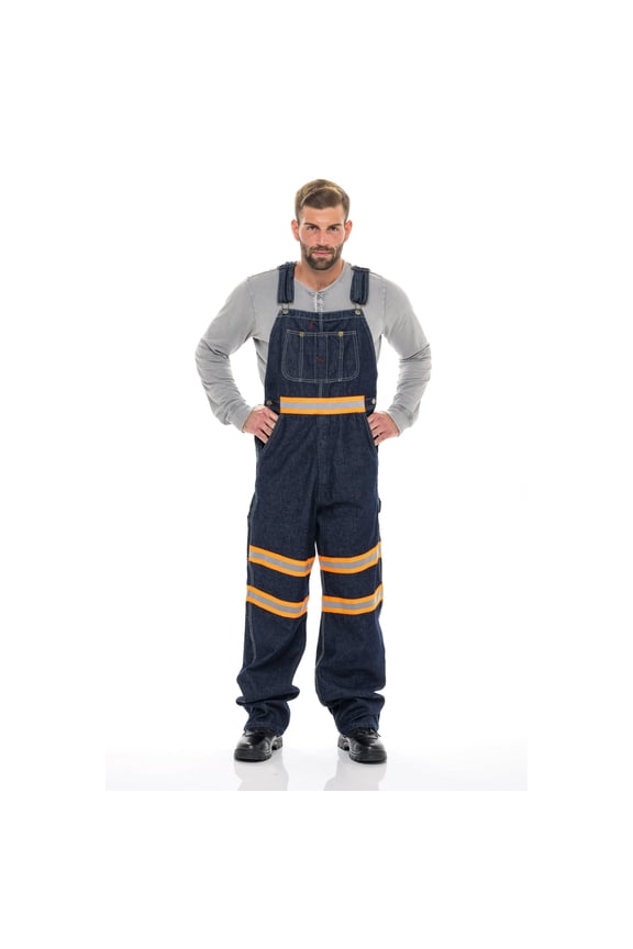 Juicy Trendz Men's Hi-Vis Safety Bib Overalls, Heavy Duty Workwear Dungaree, Reflective Stripes & Adjustable Straps Orange Dark-Blue W30-L30