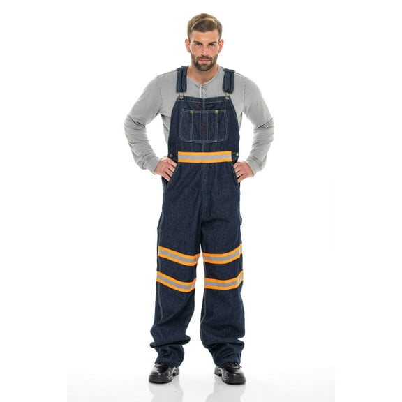 Juicy Trendz Men's Hi-Vis Safety Bib Overalls, Heavy Duty Workwear Dungaree, Reflective Stripes & Adjustable Straps Orange Dark-Blue W30-L34