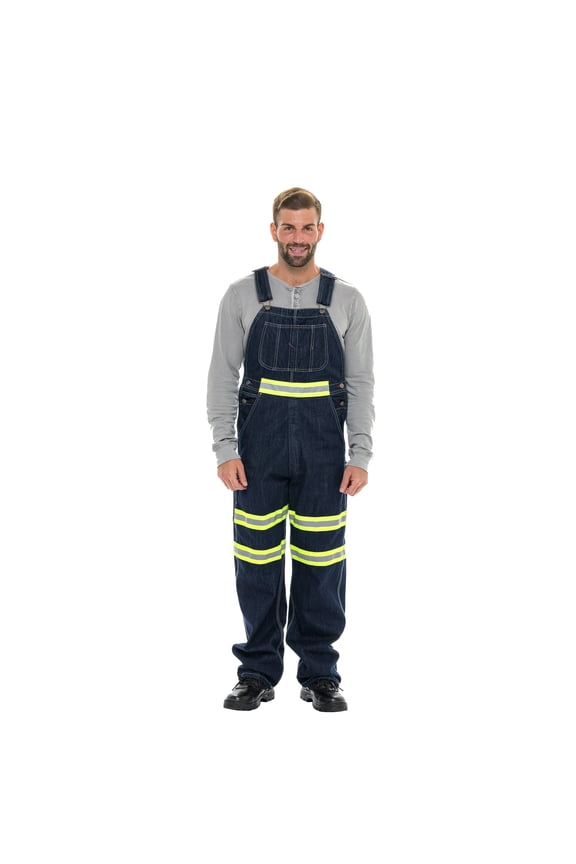 Men’s Hi-Vis Bib Overalls – Heavy Duty Workwear With Reflective Stripes and Adjustable Straps Yellow Dark-Blue W36-L34