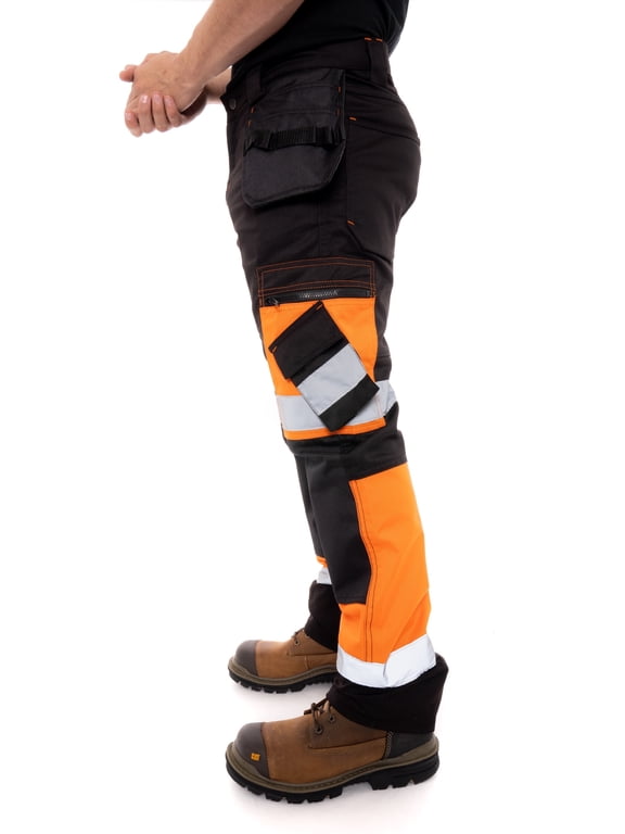 Men's Hi-Vis Cargo Work Pants with Reflective Tape Safety Construction Trousers for High Visibility Orange W34 x 32L