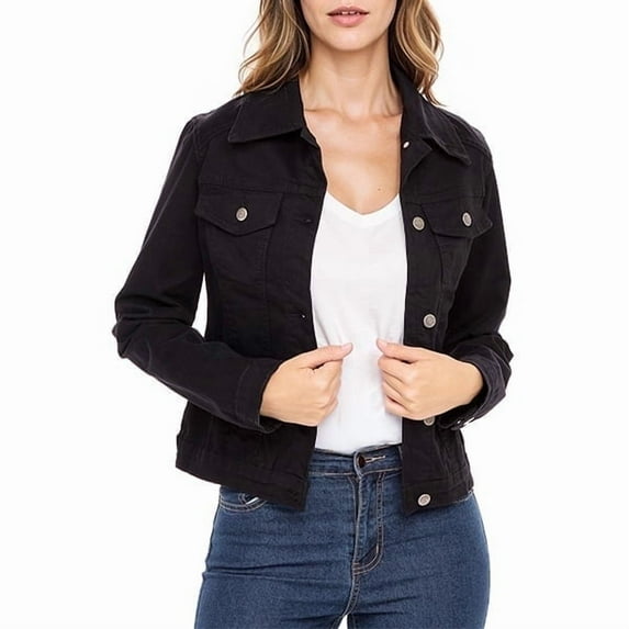 JuicyTrendz Women’s Classic Denim Jacket Black S – Button-Down, Long Sleeve, Stylish Outerwear Stretch Jean Jacket