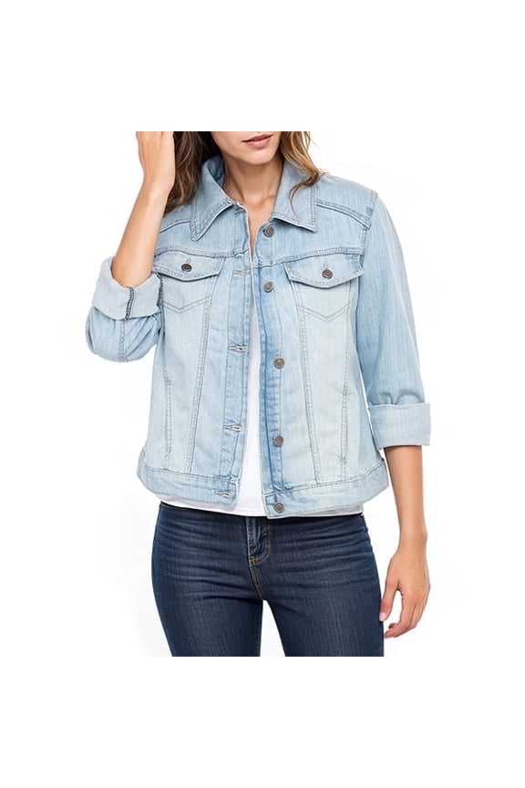Women’s Classic Denim Jacket Sky Blue M – Button-Down, Long Sleeve, Stylish Outerwear Stretch Jean Jacket
