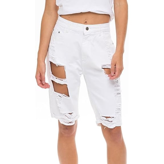 JuicyTrendz Women’s Denim Ripped Shorts Knee Length Ripped Stretchy Jeans Shorts with Trendy Holes White M