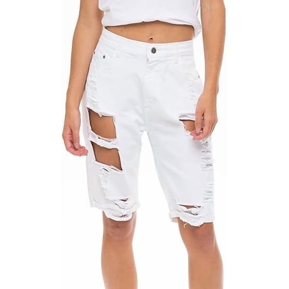 JuicyTrendz Women’s Denim Ripped Shorts Knee Length Ripped Stretchy Jeans Shorts with Trendy Holes White XXL