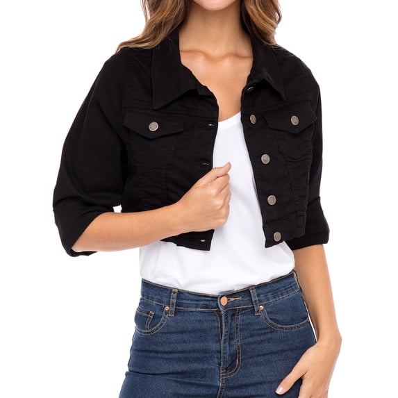 JuicyTrendz Women’s Cropped Denim Jacket – Button-Down, Long Sleeve, Stylish Cropped Stretch Coat Black L