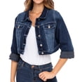 thumbnail image 1 of JuicyTrendz Women’s Cropped Denim Jacket – Button-Down, Long Sleeve, Stylish Cropped Stretch Coat Dark Blue M, 1 of 6