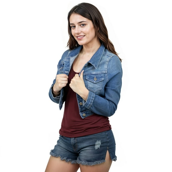 JuicyTrendz Women’s Cropped Denim Jacket – Button-Down, Long Sleeve, Stylish Cropped Stretch Coat Mid Blue XL