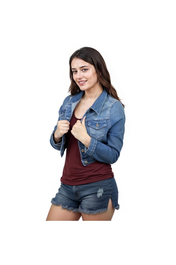 Women’s Cropped Denim Jacket – Stretch Jean Coat with Button Down, Long Sleeves, Utility Pockets, Stylish Short Jean Outerwear Mid Blue XXXLL
