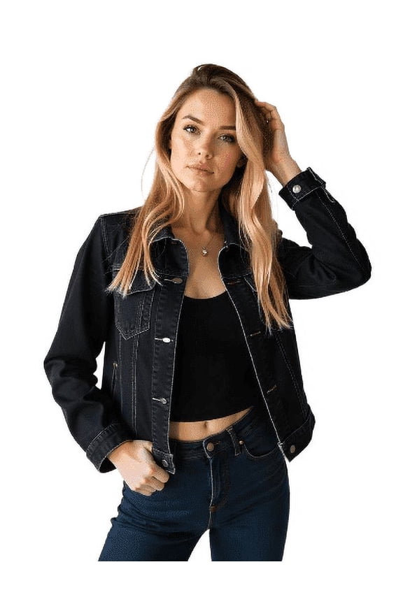Women's Stretch Denim Jacket – Classic Blue, Button-Down, Long Sleeve, Stylish Outerwear Black M