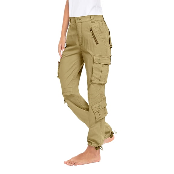 JuicyTrendz Women’s Twill Cotton Cargo Pants – Military Army Casual Work Trouser with 8 Pockets Khaki S