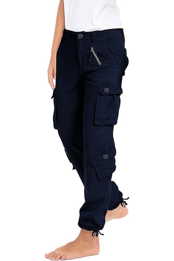 Women’s Twill Cotton Cargo Pants – Military Army Casual Work Trouser with 8 Pockets Navy L