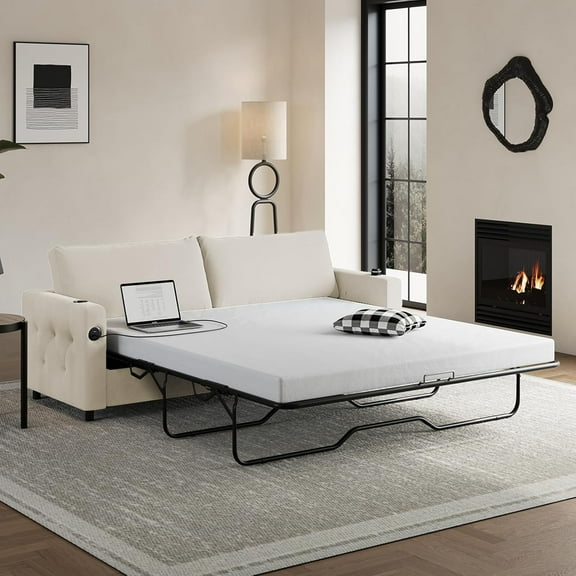 Juicyme 2 in 1 Pull Out Sofa Bed, Full Size Velvet Sleeper Sofa with Folding Foam Mattress, USB Ports and Cup Holders for Living Room/Apartment, Beige