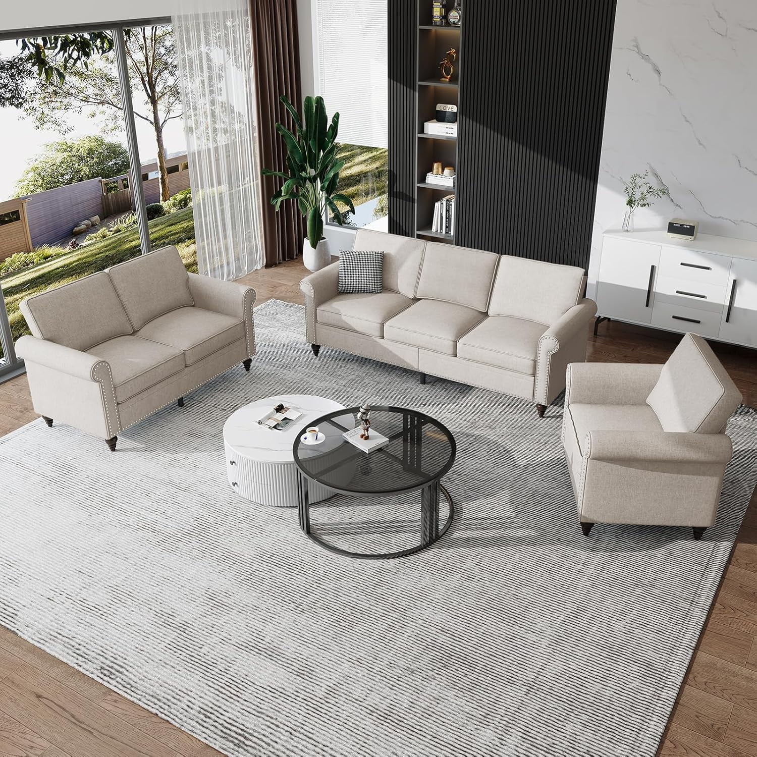 Juicyme 3 Piece Living Room Sofa Sets, Linen Fabric Sofa and Loveseat ...