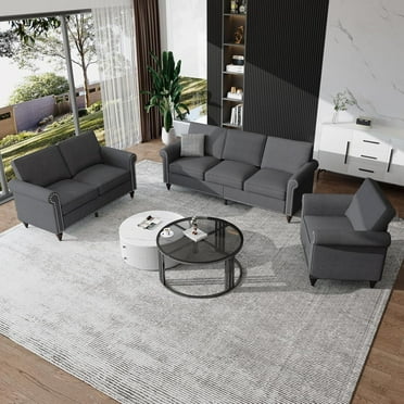 Juicyme 3 Piece Living Room Sofa Sets, Linen Fabric Sofa and Loveseat Set with Armchair, Modern Furniture Sets, Dark Gray