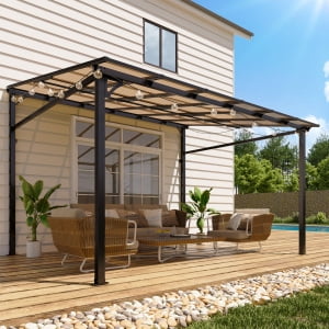 Juiluna 10'x 12' Lean to Gazebo, Hardtop Wall Pergola with Polycarbonate Roof, Aluminum Frame Mounted Gazebo for Lawn Patio Deck Yard and Party