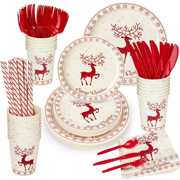 Juiluna 200Pcs Xmas Disposable Dinnerware, Plates, Cups, Napkins