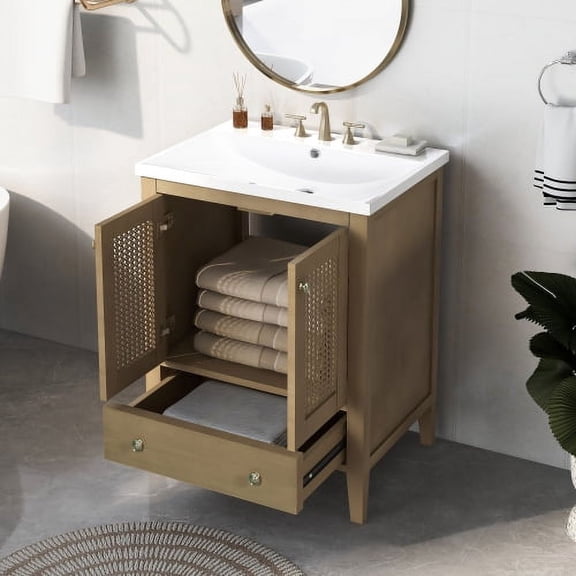 Juiluna 24" Bathroom Vanity with Ceramic Basin Bathroom Storage Cabinet with Rattan Doors Drawer Single Sink Vanity Set for Bathroom