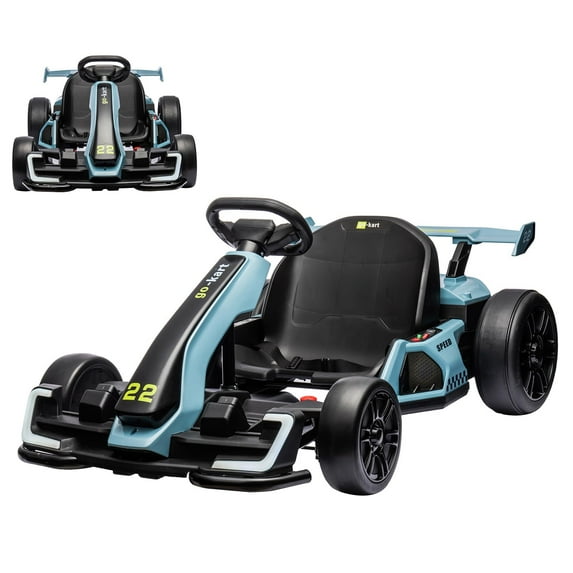 Juiluna 24V Electric Go Kart for Kids,Powerful Drift Kart with 2 * 150W Motors, Adjustable Seat, 8mph Speed, Blue tooth, Led Lights ,Outdoor Riding Toy for Children Ages 6-15, Blue