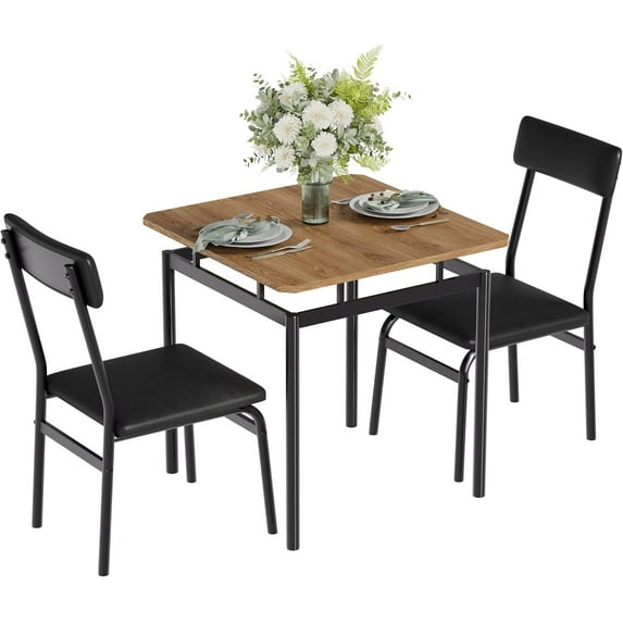 Juiluna 3 Piece Dining Table Set, Kitchen Table Set for 2 with 2 PU Upholstered Chair, Industrial Metal Frame Dinette Set for Small Space, Dining Room, Apartment, Studio, Brown/Black