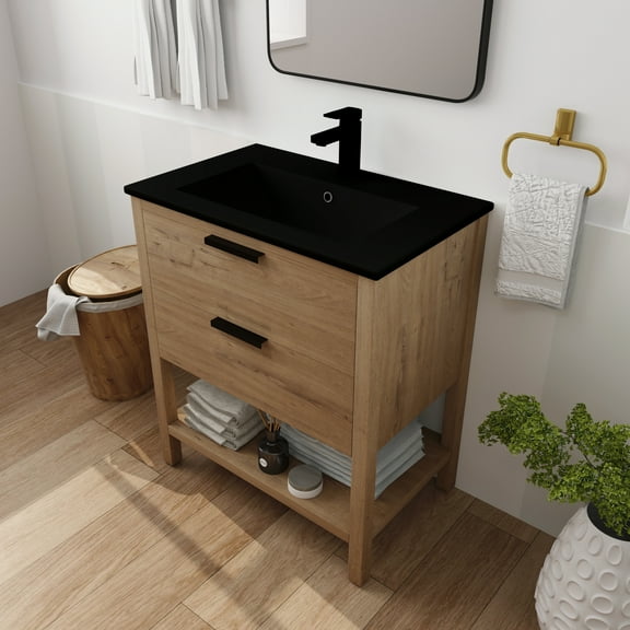 Juiluna 30'' Bathroom Vanity, Single Sink Bathroom Vanity Cabinet With 2 Drawers, Ceramic Sink, Open Shelf, 4 Wood Feet Modern Durable Bathroom Storage Cabinet