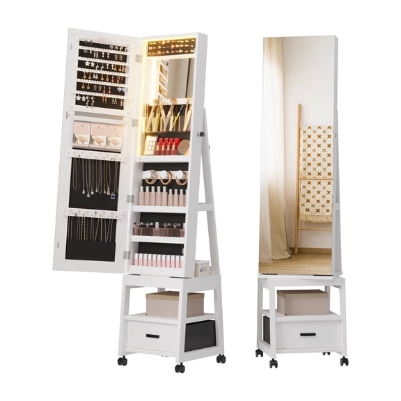 Juiluna 360° Swivel Jewelry Cabinet with LED Lights,Inside Makeup Mirror,Rotatable Full Length Mirror with Jewelry Storage,Lockable Standing Jewelry Armoire Organizer with Drawer and Wheels