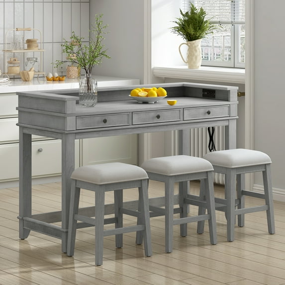 Juiluna 4 Piece Dining Bar Table Set With 3 Upholstered Stools Multi-functional Dining Table With 3 Drawers USB Port For Dinning Room Kitchen